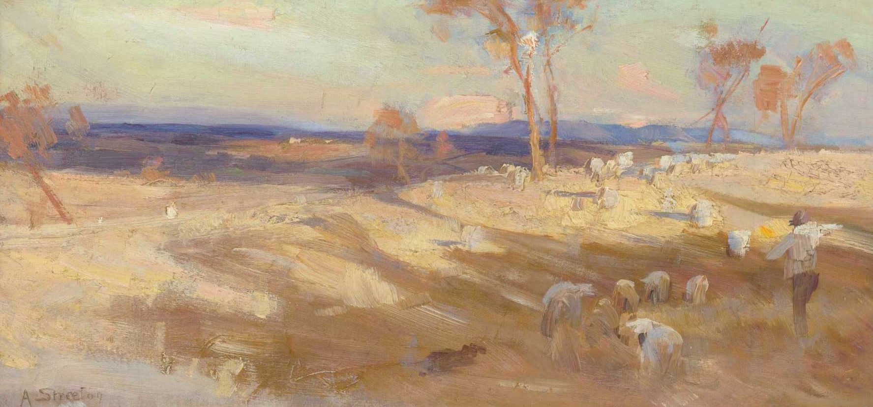 Arthur STREETON Born: Mt Duneed, Victoria, Australia 1867; Died: Olinda, Victoria 1943 Impression for Golden Summer 1888 oil on canvas on composition board, 29.6 x 58.7 cm Benalla Art Gallery Collection Gift of Mr L. Ledger, 1980 1980.34